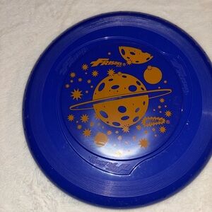 Rare blue Wham-O Fun Flyer Frisbee with a space-themed graphic